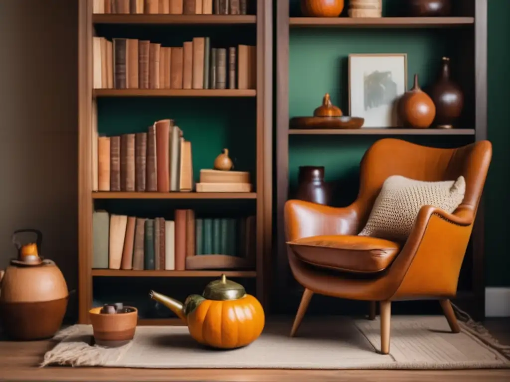 Tradición del mate en la región rioplatense: Librería vintage con libros clásicos, silla de cuero desgastada, manta tejida, mate y té vintage