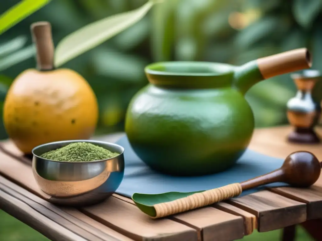 Tradición del mate en la región rioplatense: ceremonia vintage con mate, utensilios tradicionales y persona preparando la infusión en un patio rodeado de vegetación