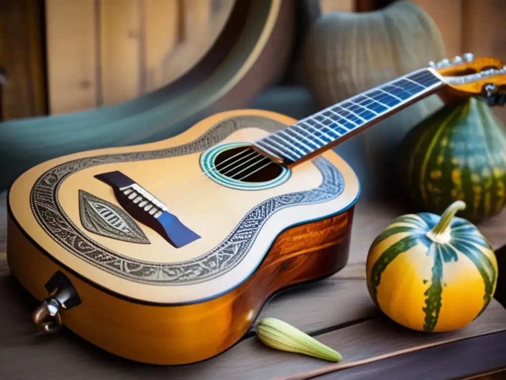 Tradición del mate en el rock: Guitarra desgastada con grabados y mate sobre ella, en una mesa de madera con poster de banda en el fondo