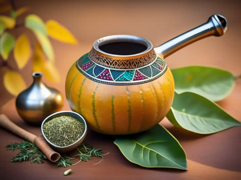 Mate para adelgazar sin sacrificio: imagen vintage de mate y bombilla rodeados de hojas de yerba mate coloridas