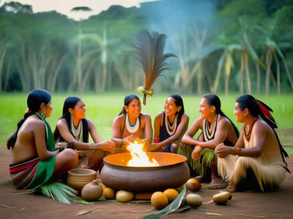 Tradición del mate: Guarani preparando mate en la selva con vestimenta tradicional y conversación animada