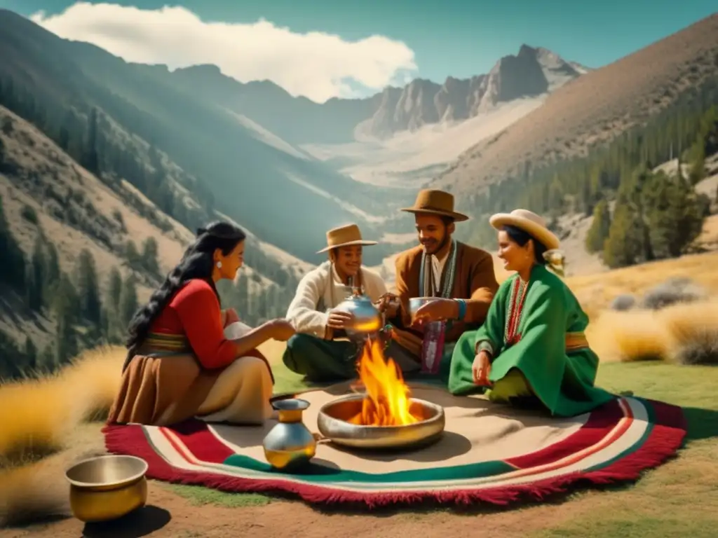 Tradición del mate en las sierras: ceremonia al aire libre con amigos, montañas y mate compartido en una escena vintage