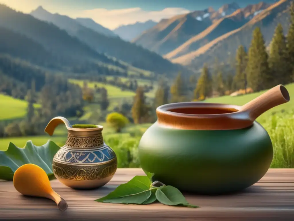 Tradición del mate en las sierras: escena detallada de 8k, con paisaje montañoso y mate gourd, agua caliente y joyería de plata