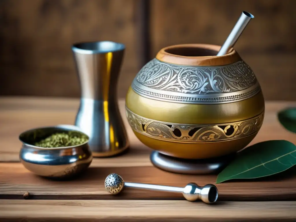 Renovación del mate en el siglo XXI: Set de mate vintage en mesa de madera con gourd, bombilla y yerba mate