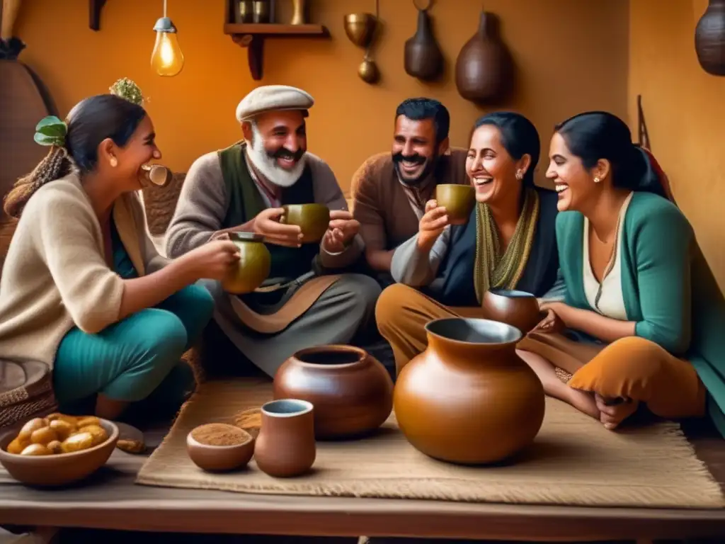 Tradición del mate en el siglo XXI: una reunión vintage en una acogedora sala de estar, con amigos disfrutando de mate y decoración tradicional