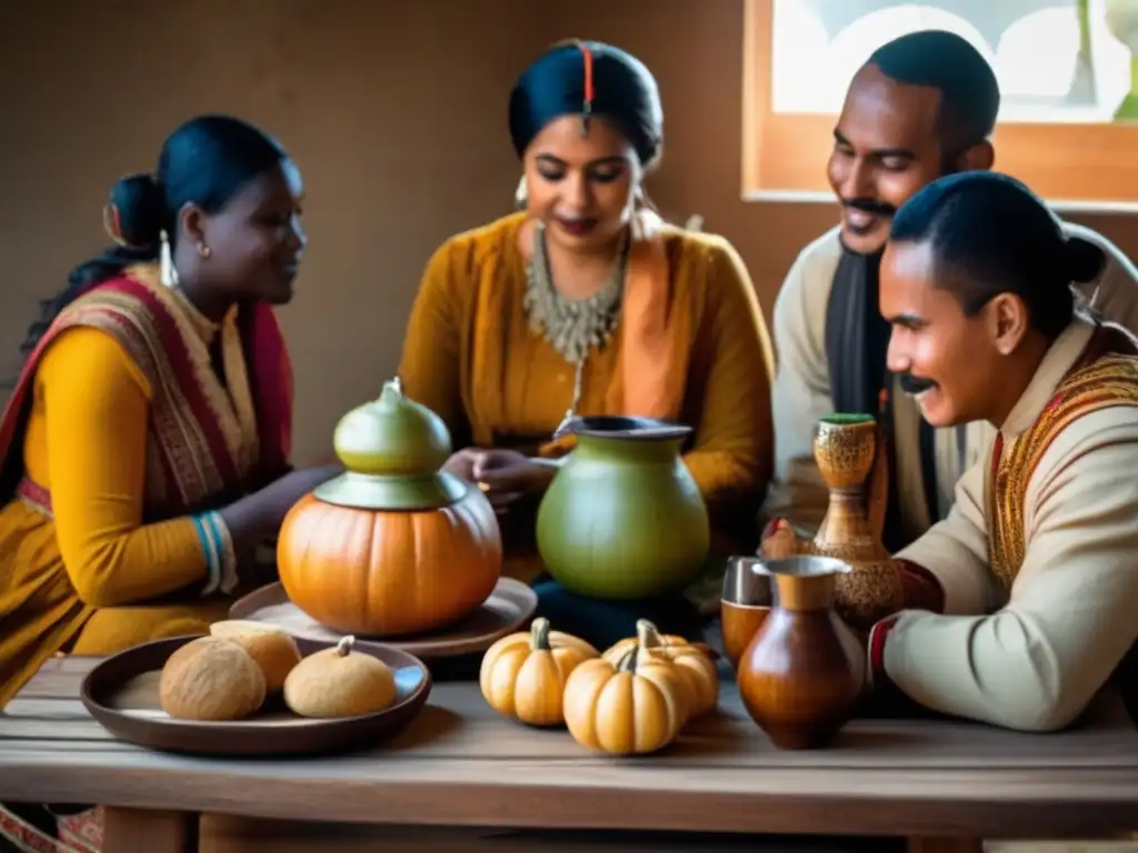 Tradición del mate en diferentes sociedades: grupo multicultural compartiendo mate y pasteles en mesa de madera