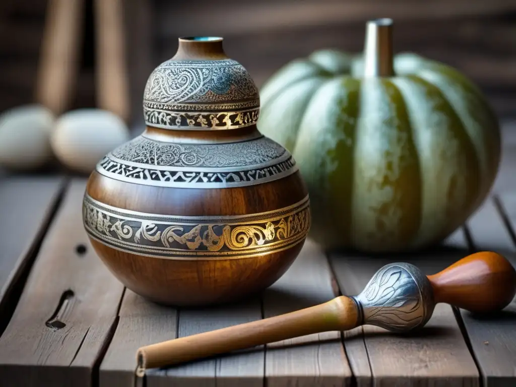 Mate gourd and bombilla on rustic table - Cuidados bucales al tomar mate