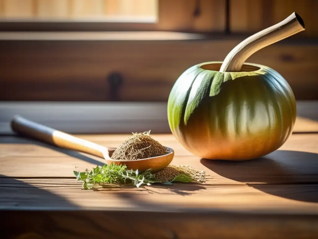 Mate gourd and bombilla on rustic table - Regulación legal producción mate