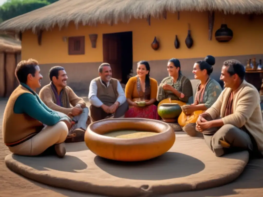 Tradición del mate en la región rioplatense: Mate circle con gourd tallada, yerba mate y conversación en un ambiente rústico y acogedor