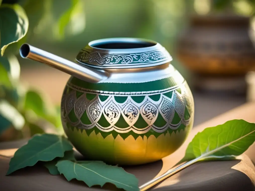 Mate tradición con gourd tallada a mano, bombilla de plata y mapa antiguo