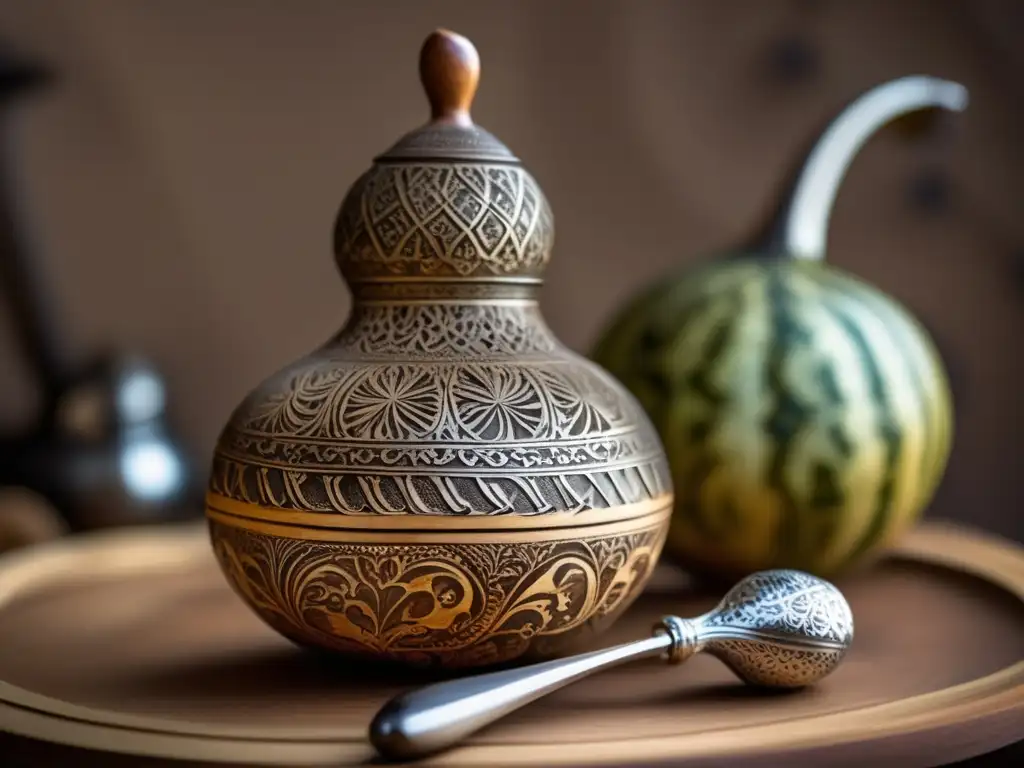 Gourd de mate vintage tallada a mano con patrón grabado, adornada con bombilla de plata y cuchara antigua (Futuro de la tradición del mate)