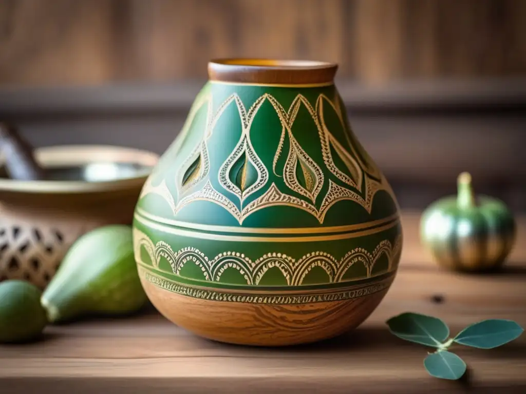 Gourd de mate tallado con diseños indígenas en mesa rústica