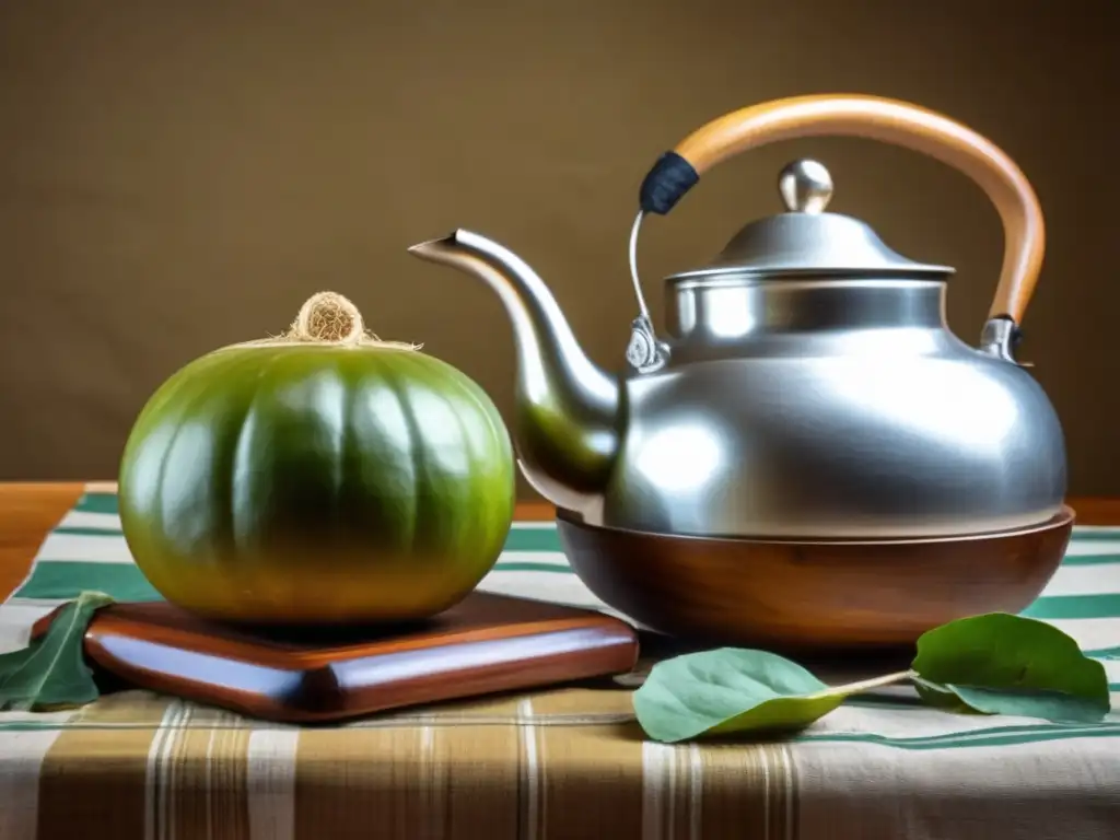 Tradición del mate en el tango: gourd, kettle, tablecloth, mate leaves, bombilla, steaming water, vibrant colors