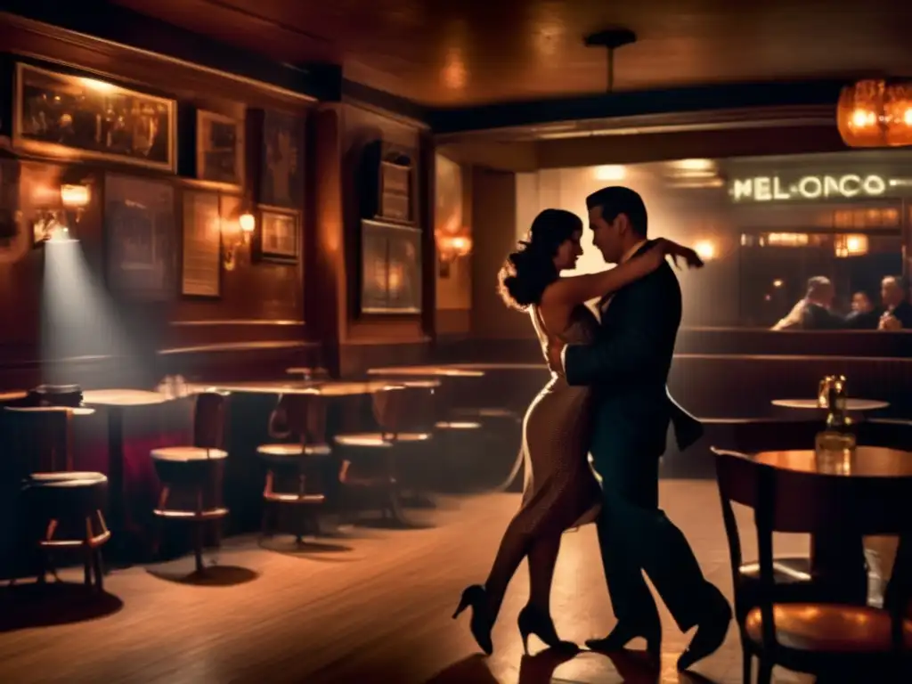 Tradición del mate en el tango: Un íntimo bar de tango en Buenos Aires, con pareja bailando y mate