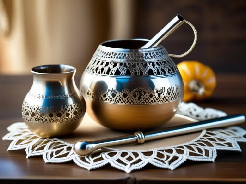Tradición del mate en el tango: mate gourd, bombilla, mesa de madera, iluminación cálida, arte vintage