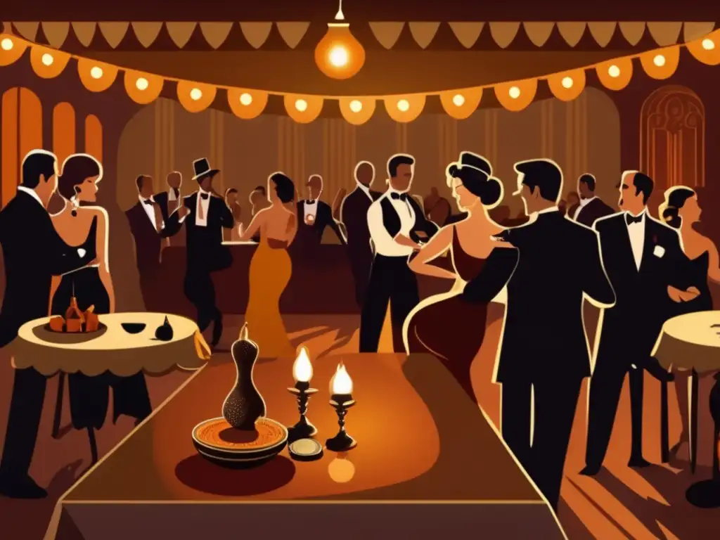 Tradición del mate en el tango: Parejas apasionadas bailando en una milonga vintage iluminada con velas y decorada con posters y instrumentos antiguos