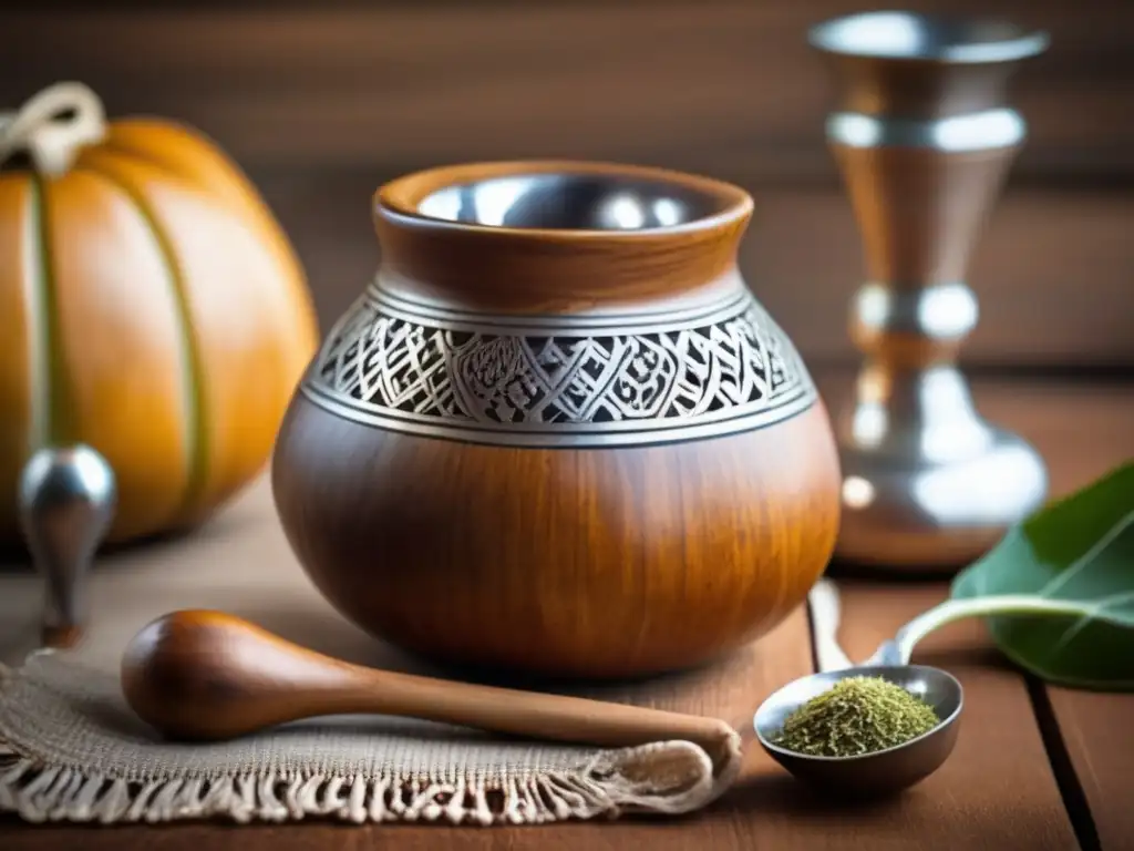 Mate tradicional y accesorios rodean una hermosa mate gourd tallada con patrones intrincados en una mesa rústica