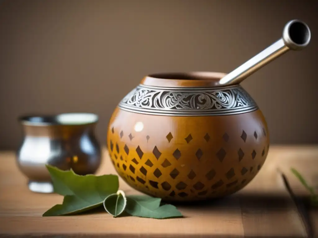 Mate tradicional con accesorios: gourd, bombilla, mate flask y mapa rioplatense