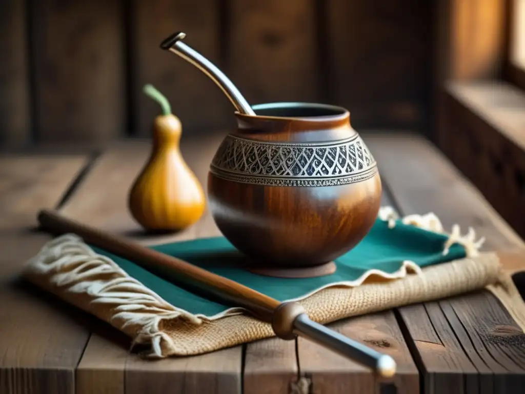 Mate tradicional: Beneficios curativos y nostalgia en una imagen de gourd, bombilla y mesa rústica