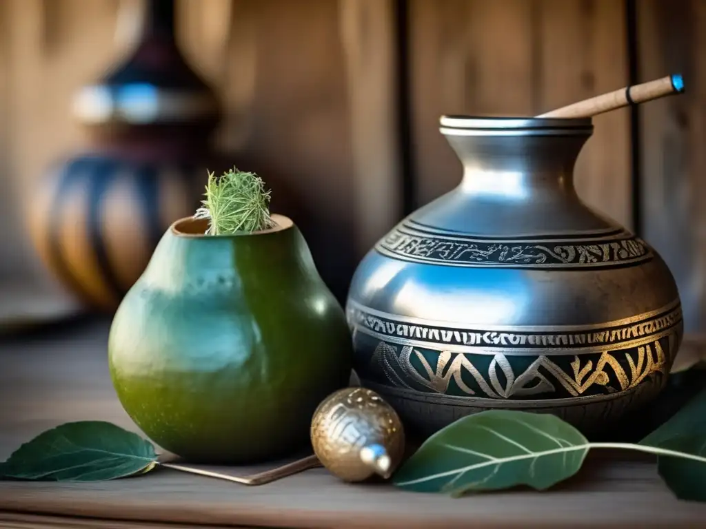 Mate tradicional con mate gourd, bombilla y cortes de carne