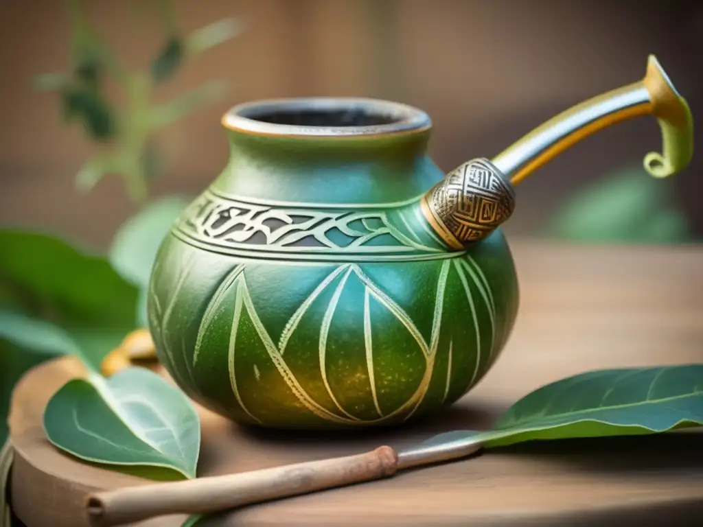 Mate tradicional con bombilla: antiguo, carvings, yerba mate, propiedades anticancerígenas