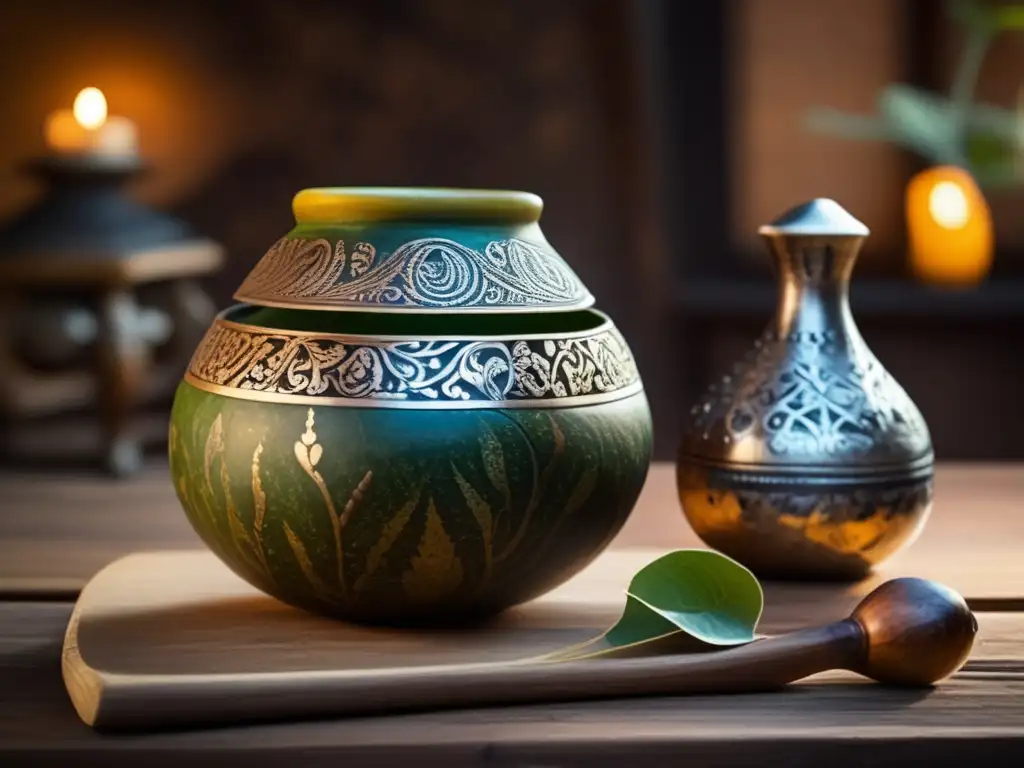 Mate tradicional con bombilla en mesa de madera rústica