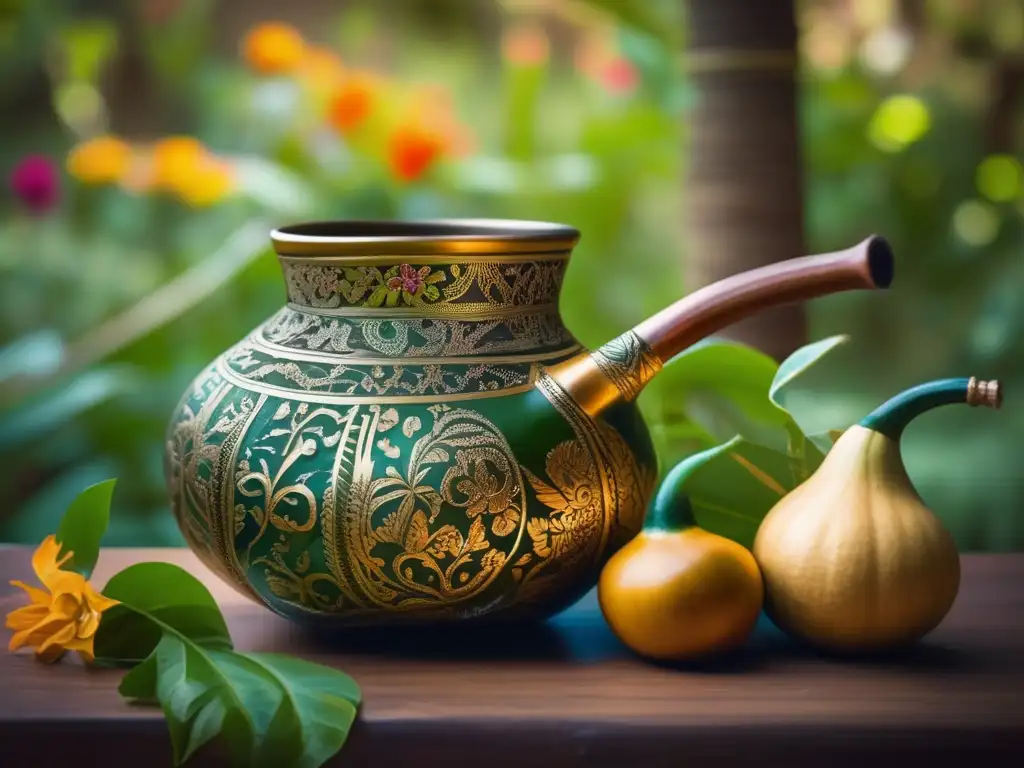 Mate tradicional con gourd y bombilla, rodeado de naturaleza exuberante y flores vibrantes