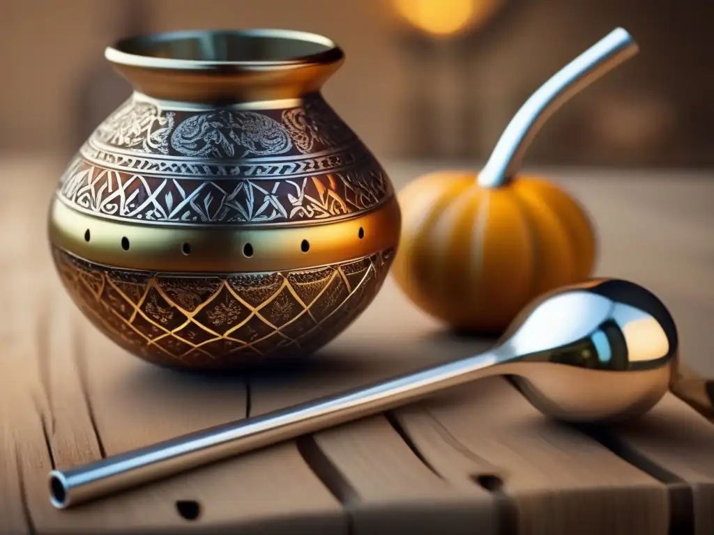 Mate tradicional con gourd, bombilla y yerba seca en mesa antigua - Beneficios del mate para los huesos