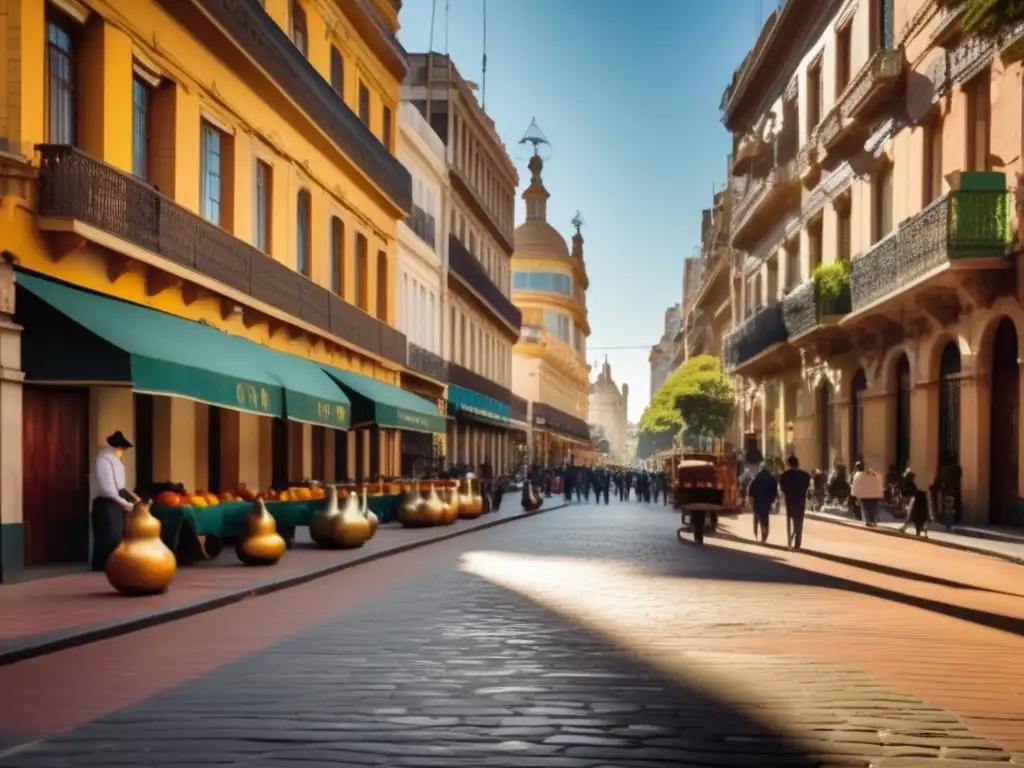 Mate tradicional en la ciudad: escena vintage de una animada calle en Buenos Aires, reflejando la rica herencia arquitectónica y cultural