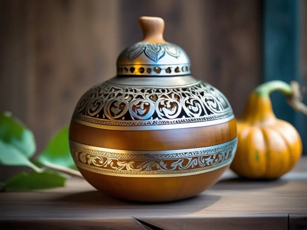 Mate tradicional con gourd decorado, bombilla plateada y beneficios antioxidantes