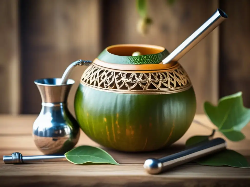 Un mate tradicional detallado con una hermosa calabaza tallada y una bombilla de metal, sobre una mesa de madera rústica