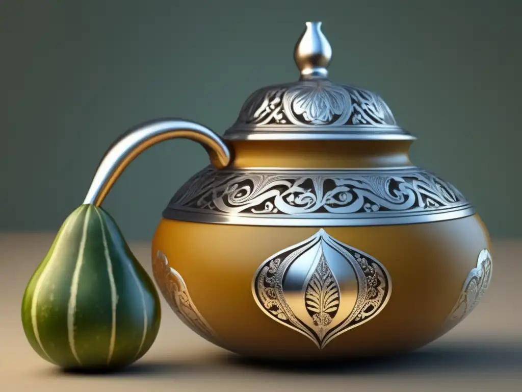 Ilustración vintage de un mate tradicional con detalles ornamentados, repleto de yerba mate y una bombilla de plata