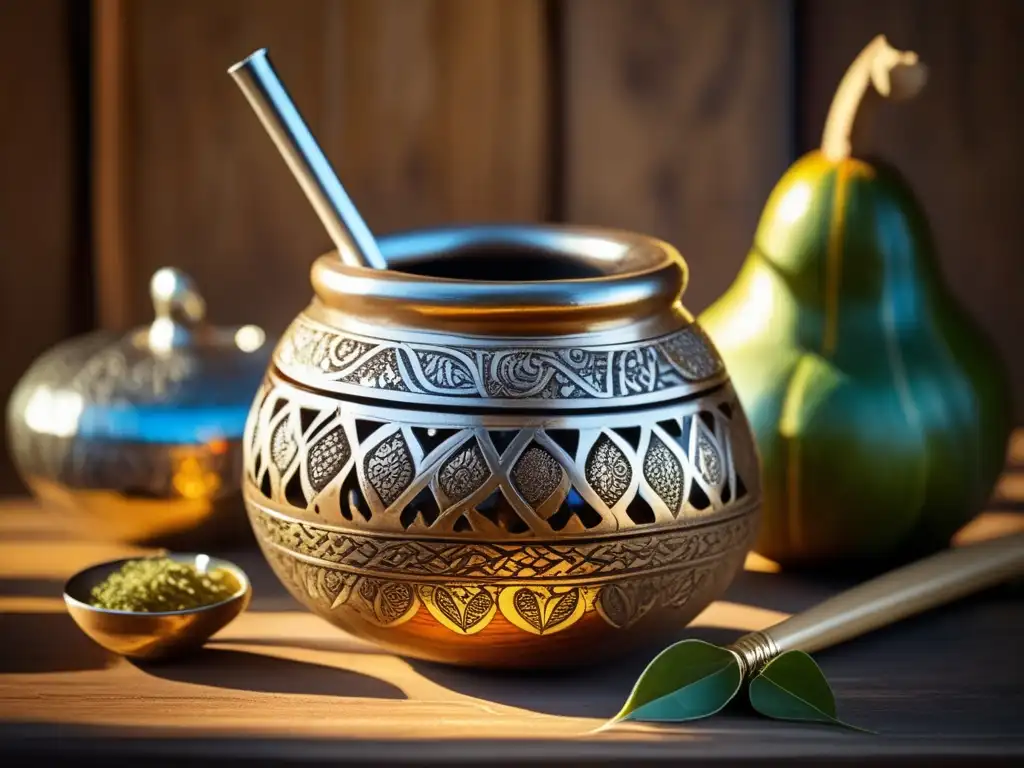 Mate tradicional con influencia italiana y española, con gourd tallado, bombilla de plata y variedad de hojas de mate