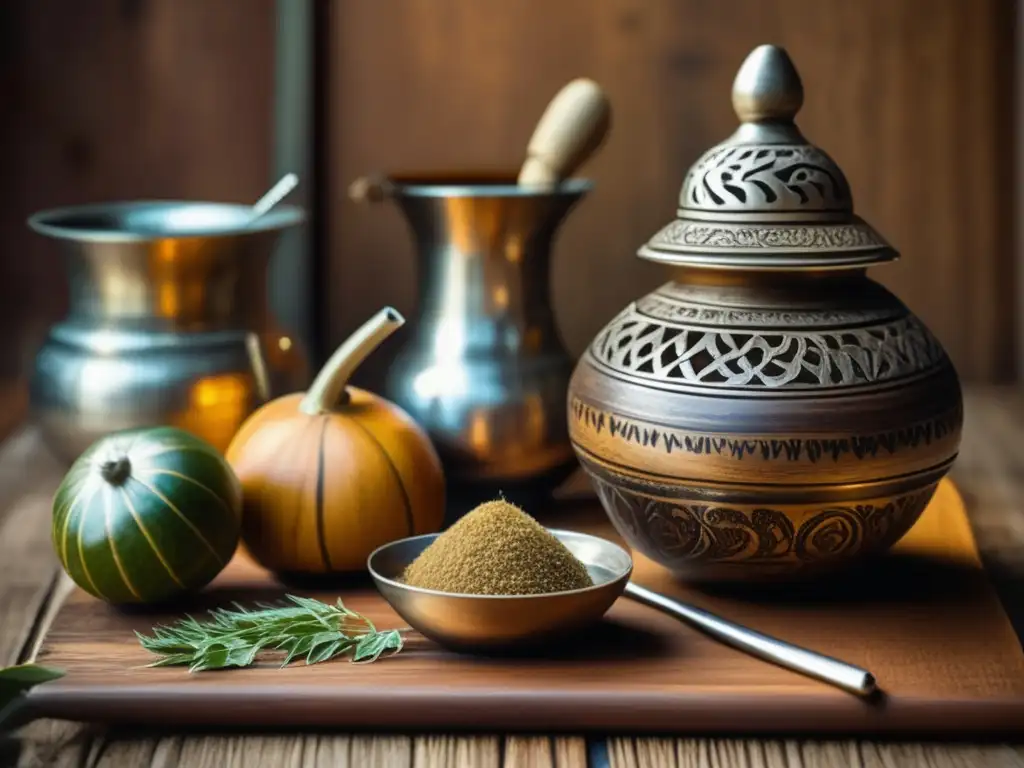 Mate tradicional: mesa de madera antigua adornada con accesorios de mate, gourd tallado y yerba mate