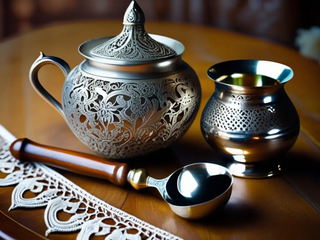 Mate tradicional en una mesa de madera con encaje y elementos vintage