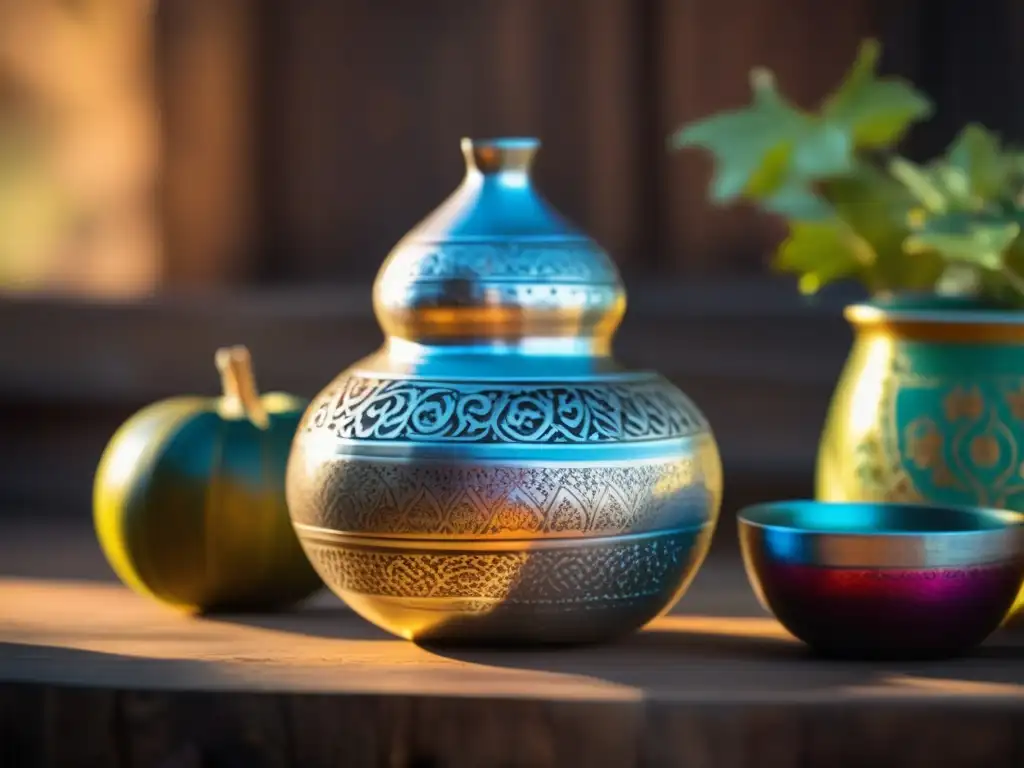 Mate rioplatense: gourd, yerbas y elegancia Mate tradicional con gourd plateada y yerbas saborizadas