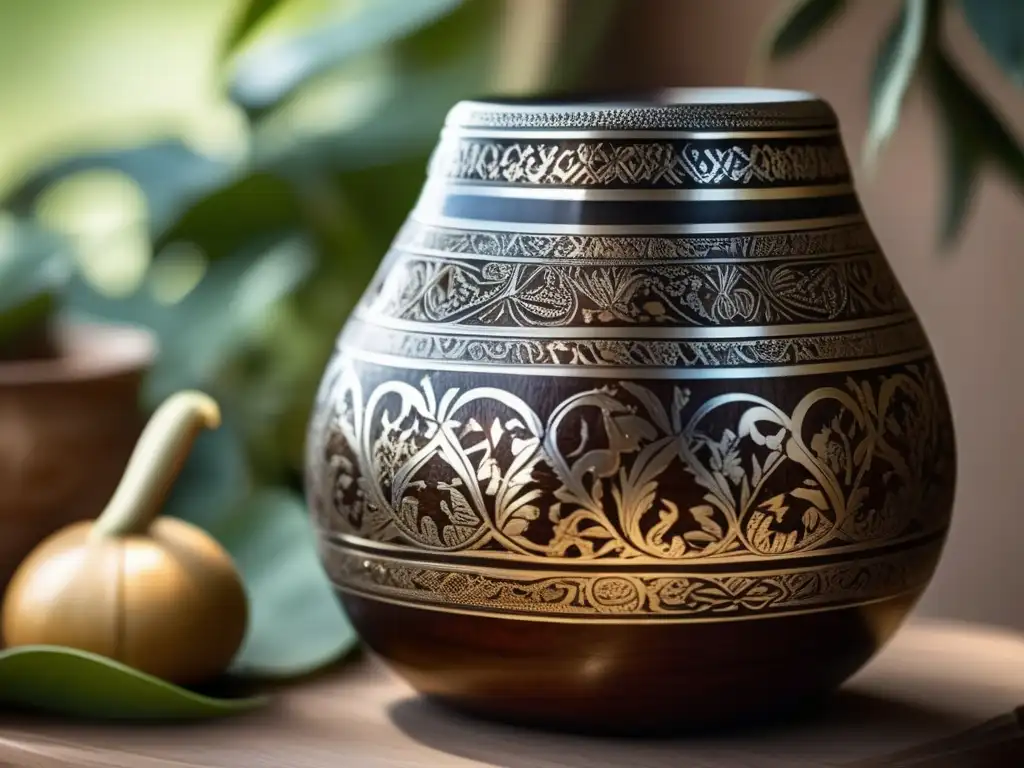 Gourd de mate tradicional rioplatense: madera oscura tallada con detalles plateados y yerba mate lista para infusionar