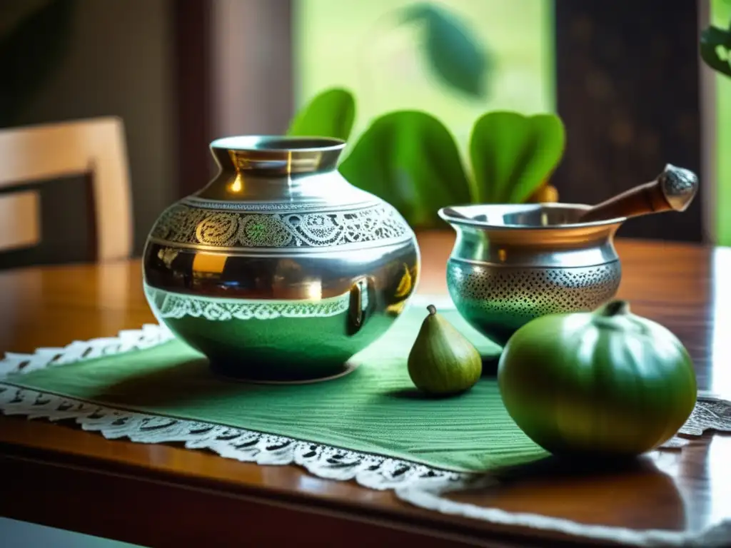 Mate tradicional con yerba mate verde en mesa de madera y mantel de encaje