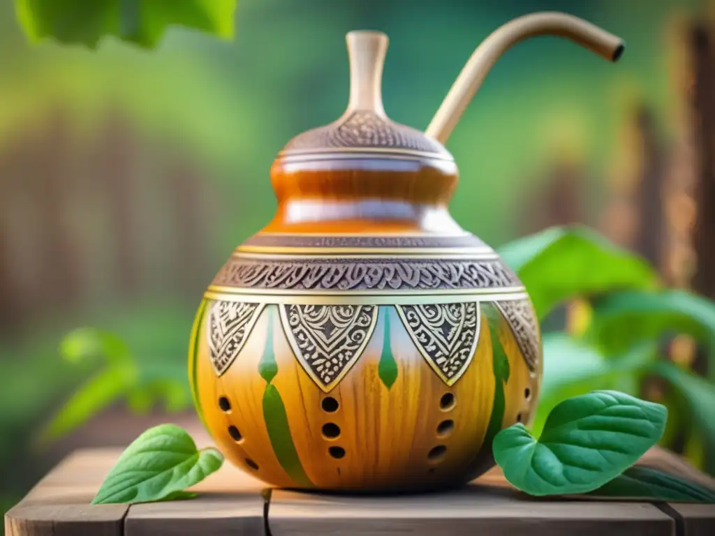 Exquisita imagen de mate con bombilla y plantación Mate tradicional con yerba mate, bombilla y detalles tallados en madera