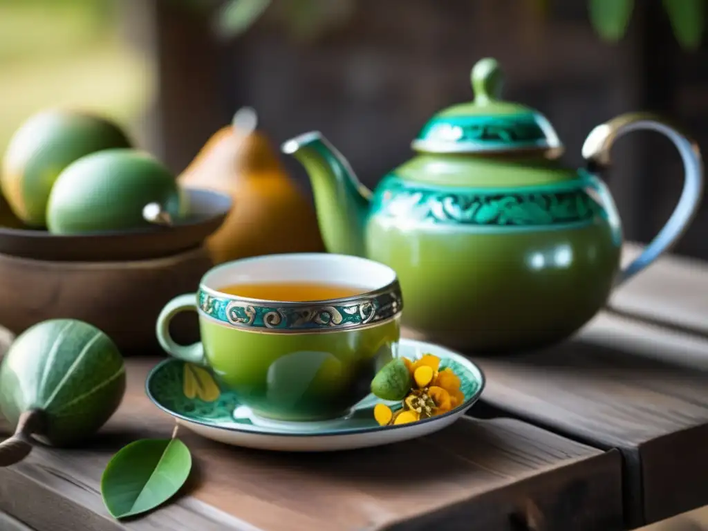 Conjunto de té vintage en mesa de madera Mate tradicional con yerba mate: Propiedades saludables de las yerbas compuestas