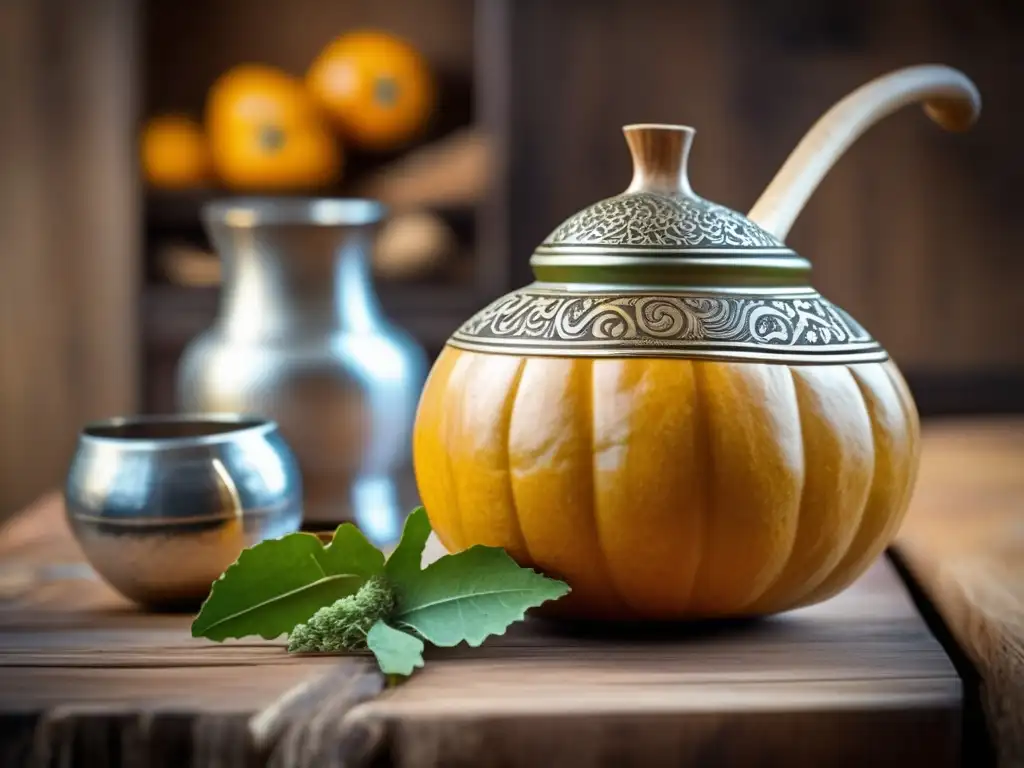 Mate tradicional: gourd y bombilla en mesa rústica Mate tradicional con yerbas saborizadas y bombilla de plata o bronce