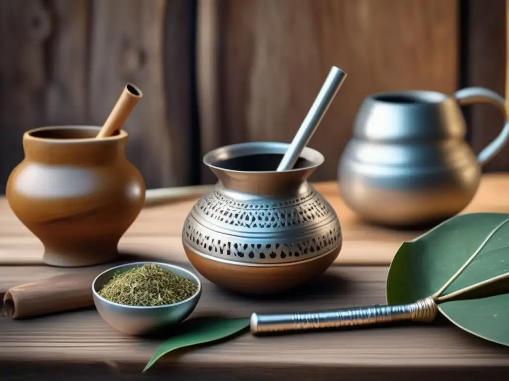 Tradición del mate en el turismo: ceremonia vintage con mate, bombilla y yerba mate en un entorno rústico, con influencia indígena