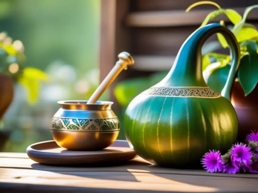 Tradición del mate en verano: gourd y bombilla adornados, mesa rústica, infusiones de yerba mate, patio sereno y flores vibrantes