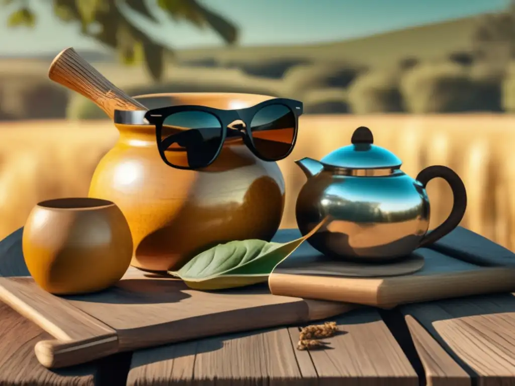 Tradición del mate en verano: mesa de madera al aire libre con mate, termo y yerba mate