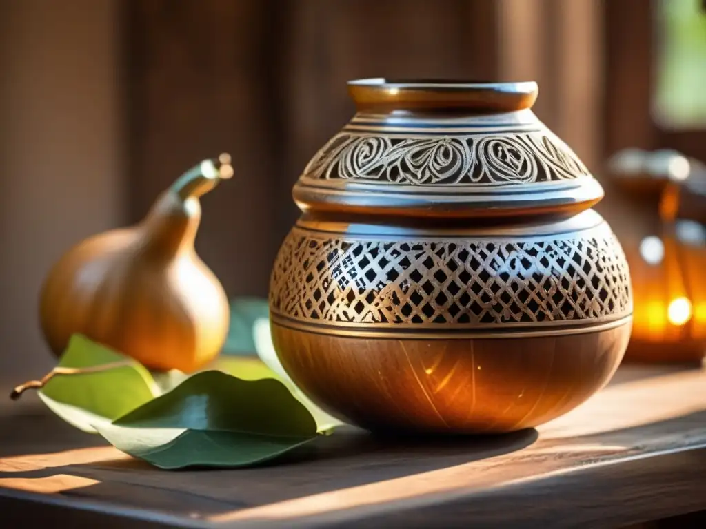 Tradición del mate en verano: gourd, bombilla, mesa rustica, hojas de mate, historia, tradición, rayos de sol, bebida refrescante