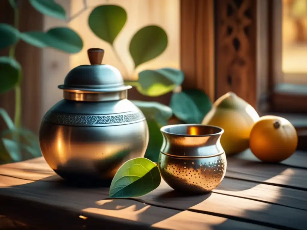 Tradición del mate en verano - Set vintage de mate en mesa de madera rústica