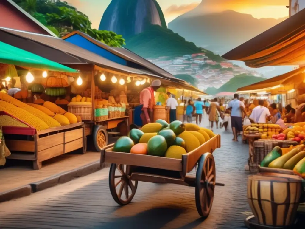 Tradición del mate en Brasil: escena vintage vibrante en un mercado callejero de Río de Janeiro, con carreta de madera y vendedores locales