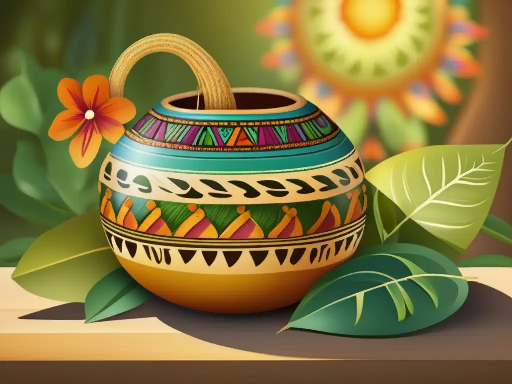 Representación del mate en videoclips - Ilustración vintage de un mate sudamericano decorado con motivos culturales y rodeado de naturaleza exuberante