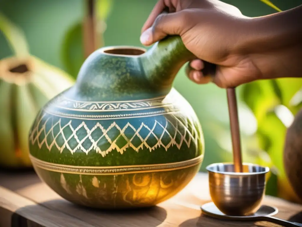 Tradición del mate en Uruguay: Gourd, yerba mate, carvings, bombilla, vapor, vintage aesthetic