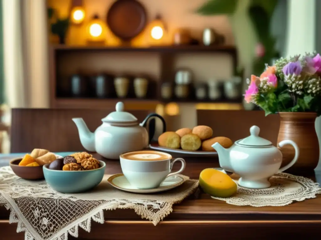 Tradición del mate en Brasil: escena vintage en un acogedor café con mesa de madera, tetera antigua, mates y snacks tradicionales